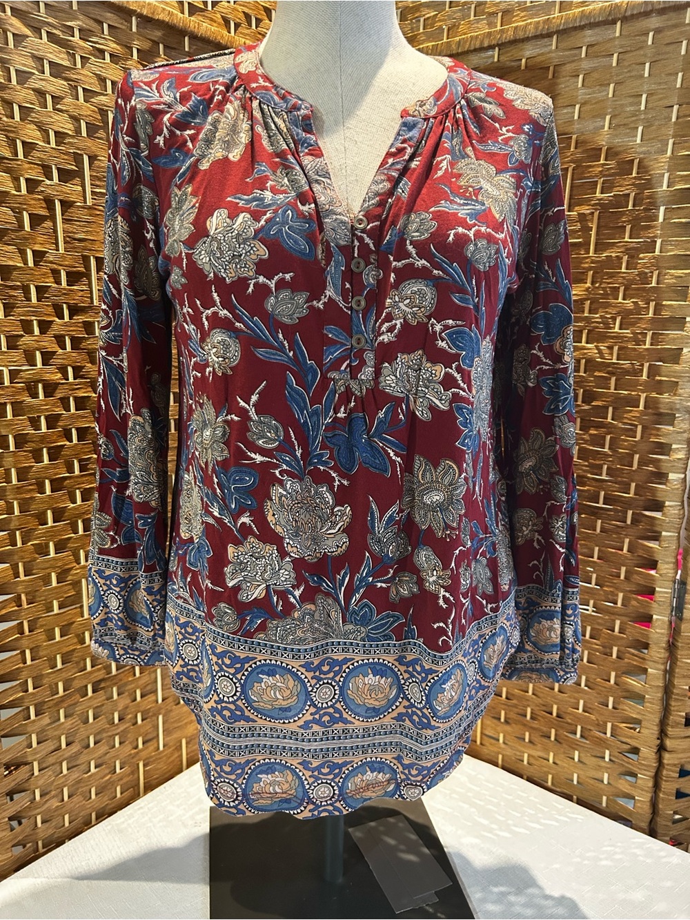 Lucky Brand Boho Floral Peasant Blouse Border Print Small